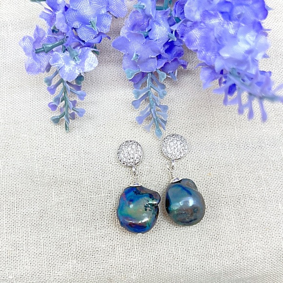 CZ Baroque Black Peacock Pearl Stud Dangles, Gold or Silver, Ships in Gift Box - Picture 5 of 10